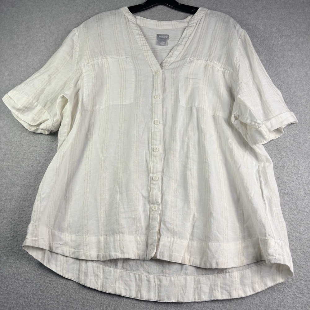 Chicos 3 Linen Top Women's XL Button Up White Metallic Thread Beachy Lagenlook